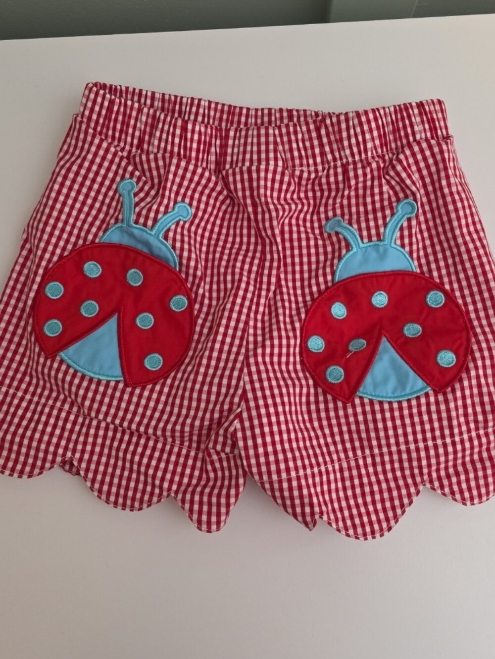 The Yellow Lamb 4 Or 4t Red Gingham Style Scallop Shorts with Ladybug Appliqué